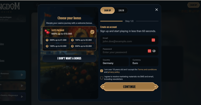 Registration at Kingdom Casino